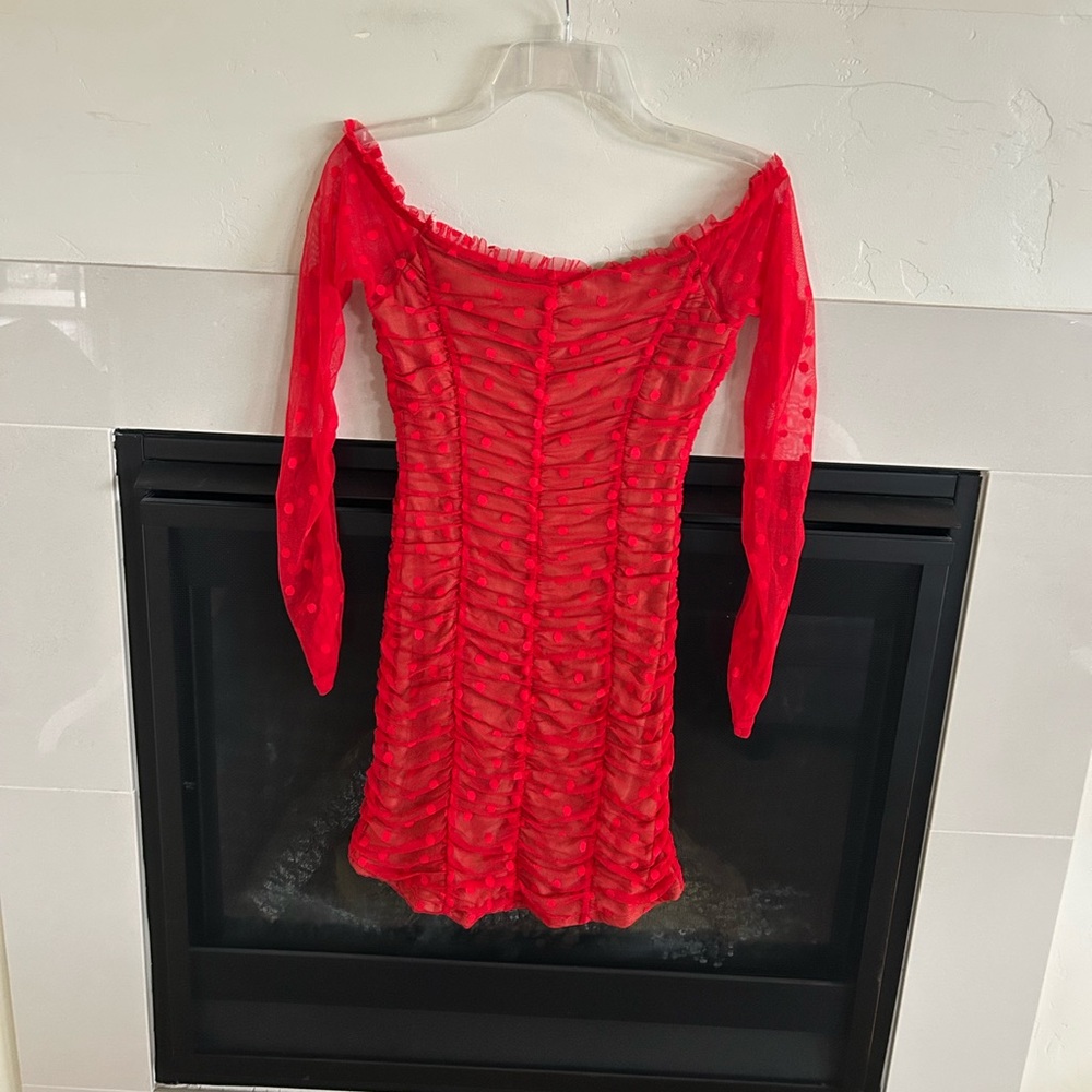 Majorelle Revolve Mesh Polka Dot Mini Dress Off The Shoulder Sexy Dress S Red - Picture 4 of 10